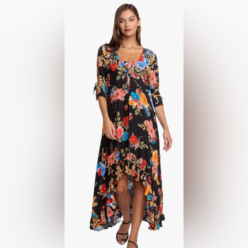 Johnny Was Black Royal Print Long Ruffle Kimono floral high low